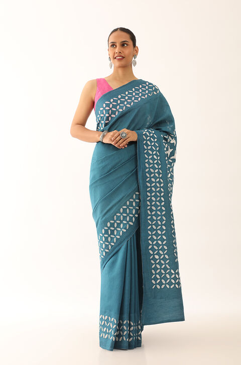 Dark Blue Craft Pure Tussar Silk Applique Saree