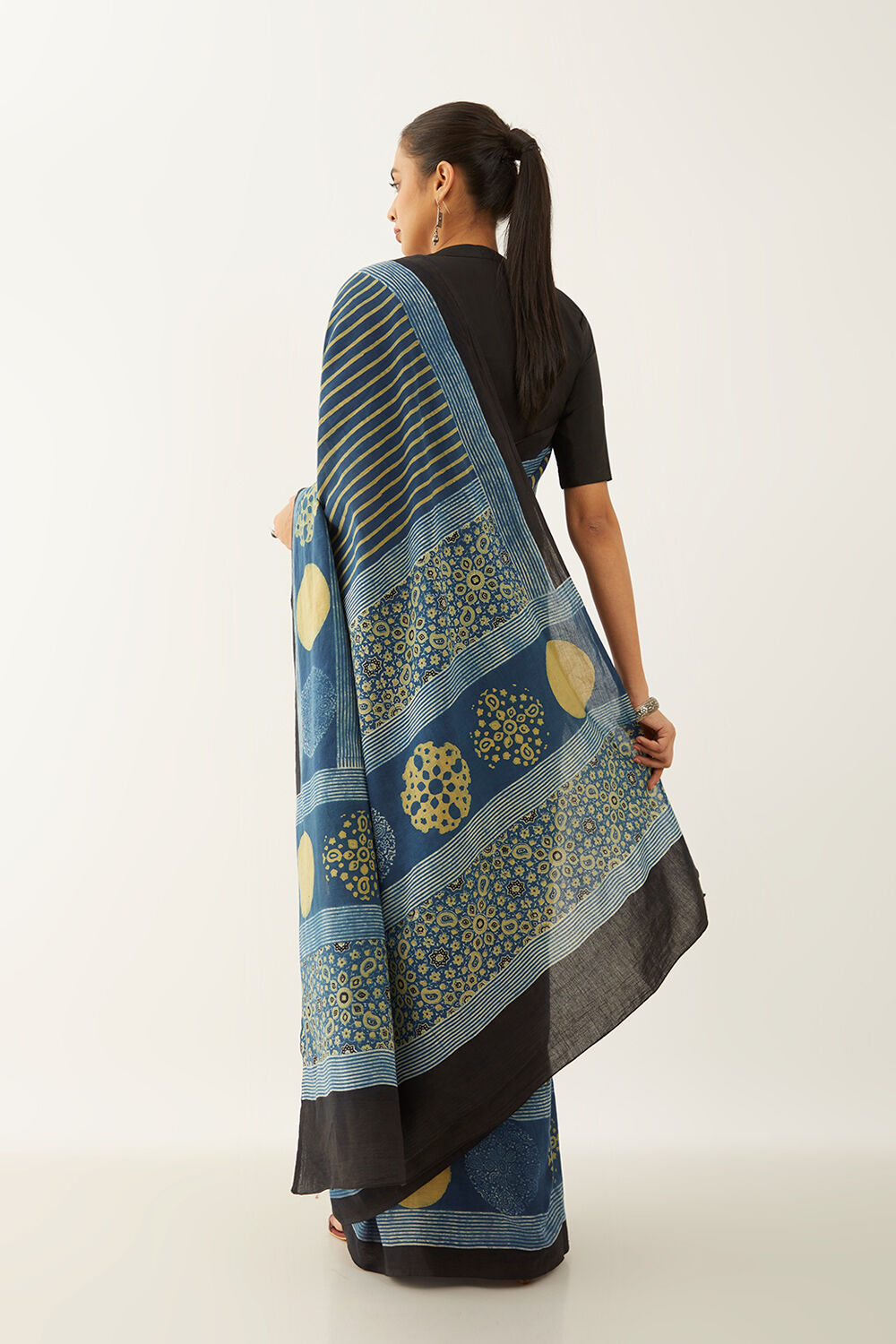 Blue Pure Cotton Ajrakh Block Print Saree image number null