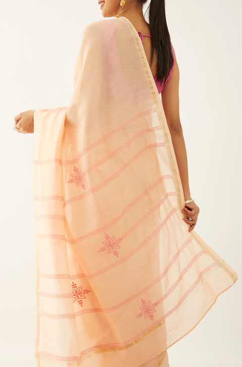 Orange Pure Silk Cotton Chikankari Embroidery Saree