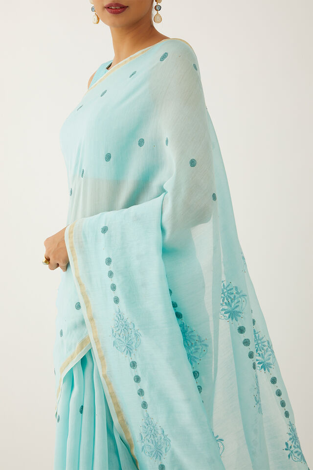 Blue Pure Silk Cotton Chikankari Embroidery Saree