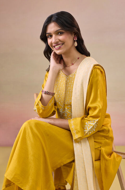 Yellow Pure Viscose Embroidered Kurta Set