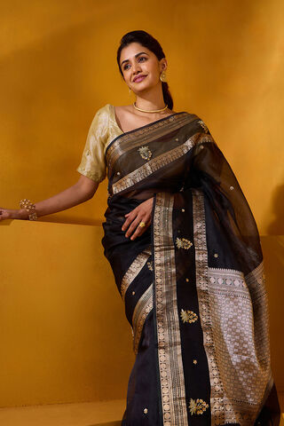 Black Pure Silk Organza Embroidered Saree image number