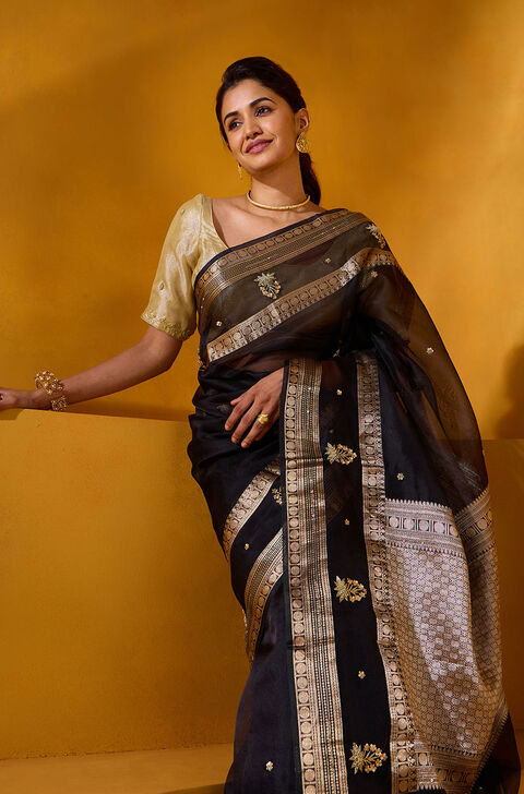 Black Pure Silk Organza Embroidered Saree