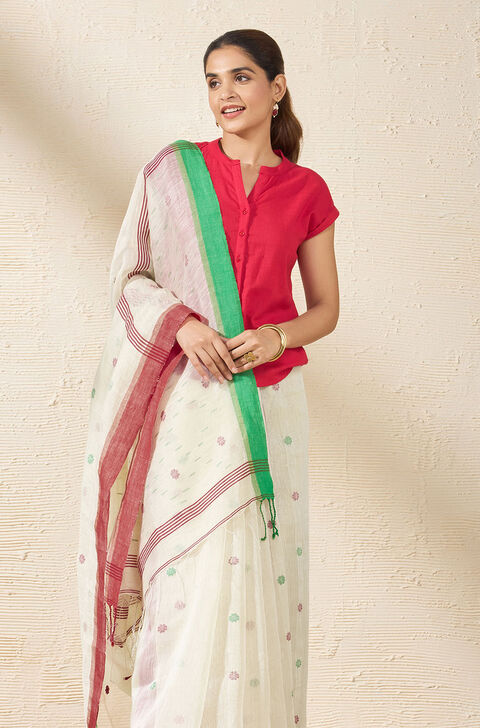 Off White Bengal Pure Silk Linen Jamdani Saree