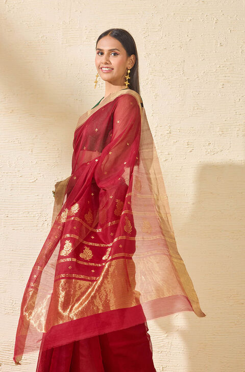 Red Woven Pure Silk Cotton Chanderi Saree