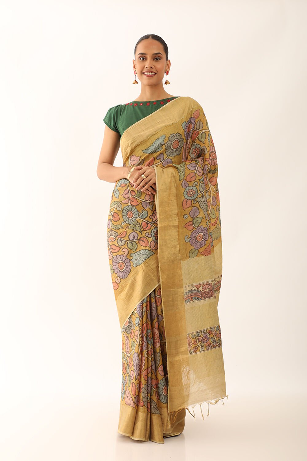 Yellow Srikalahasti Pure Tussar Silk Kalamkari Saree image number null