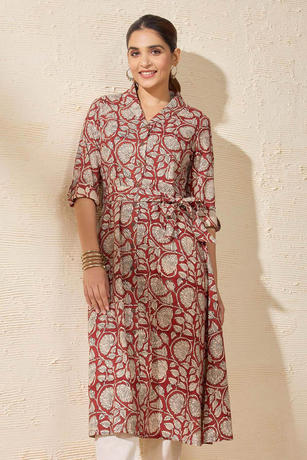 Red Pure Cotton Printed Sanganeri Kurta image number null