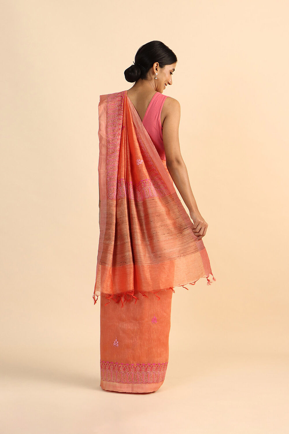 Orange Pure Silk Linen Embroidered Saree image number null