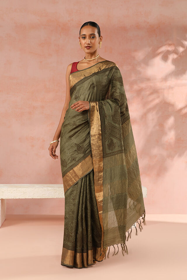 Green Contemporary Pure Tussar Silk Embroidery Saree