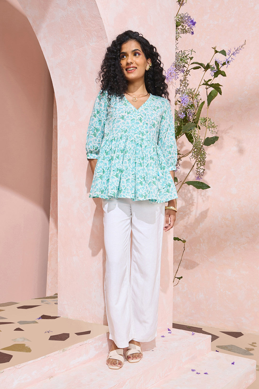 Green Block Printed Pure Cotton Short Top image number null