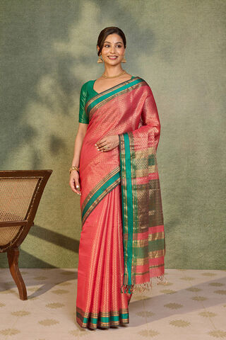 Pink Brocade Pure Silk Cotton Maheshwari Saree thumbnail image number null