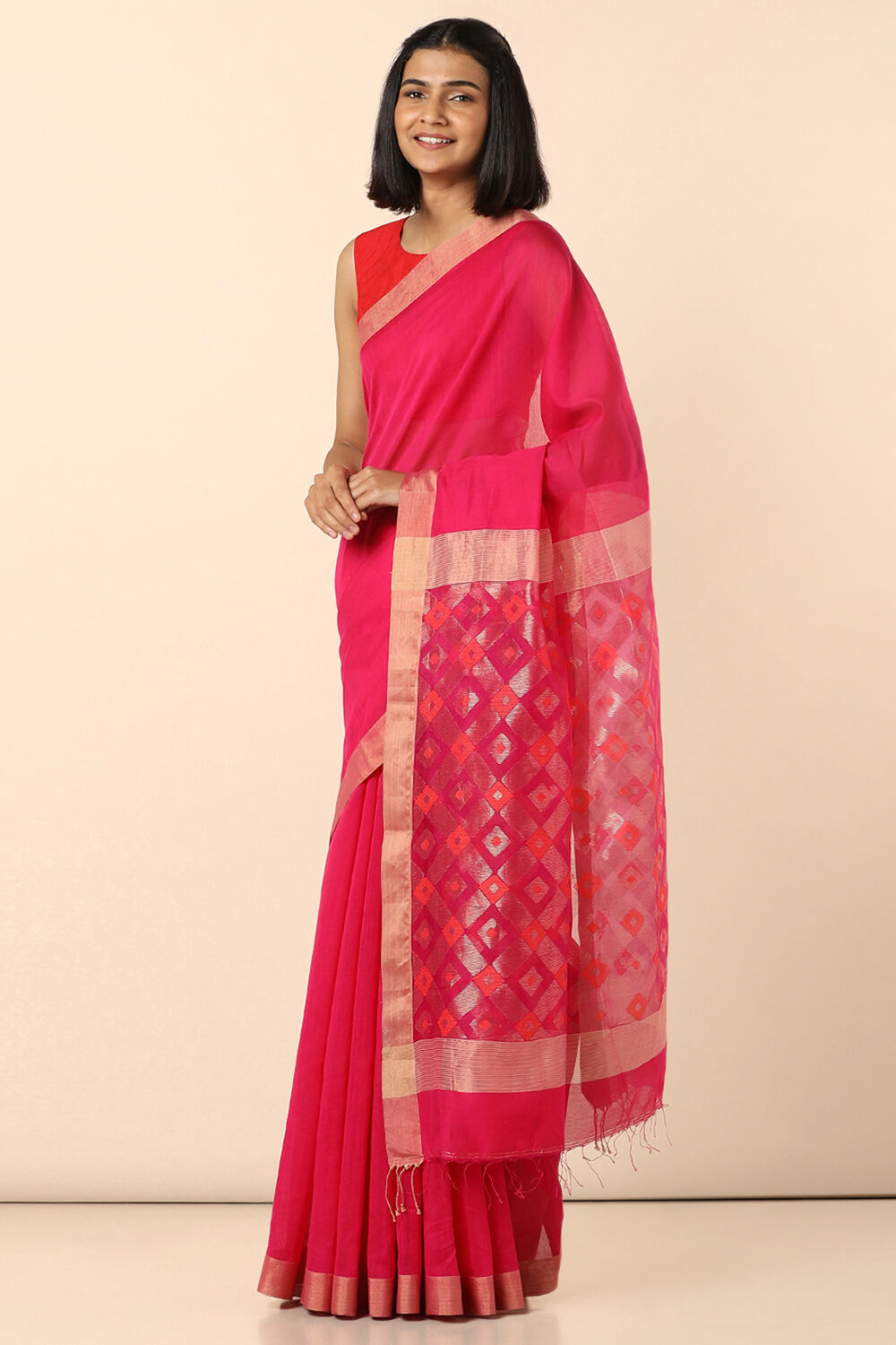 Dark Pink Pure Silk Cotton Bengal Saree image number null