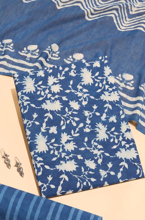 Blue Pure Cotton Dabu Block Printed Unstitched Suit Set