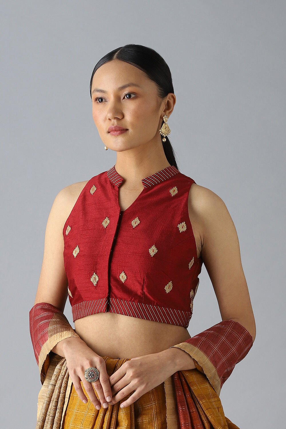 Dark Red Viscose Embroidered Blouse image number null