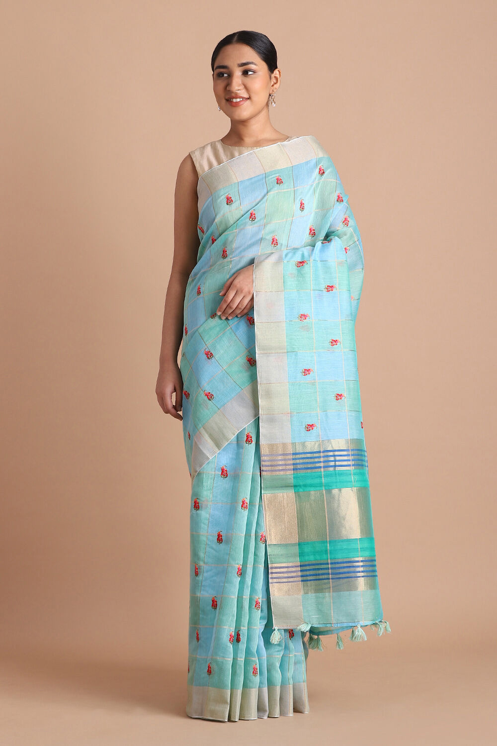 Blue Pure Embroidered Saree image number null
