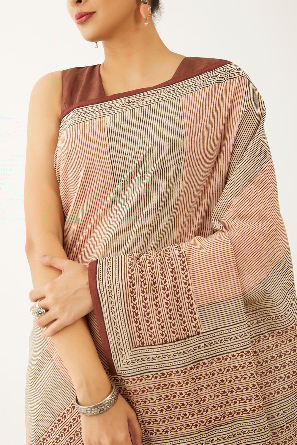 Brown Pure Cotton Block Print Bagru Saree image number null