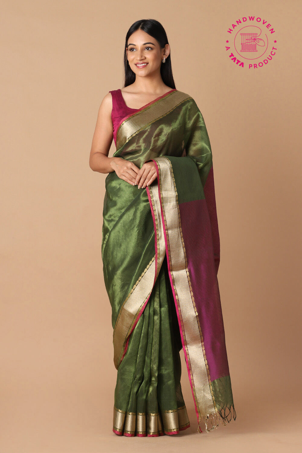 Green Pure Cotton Tissue Maheswari Saree image number null