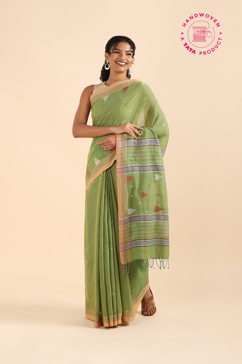 Green Pure Khadi Cotton Jamdani Saree image number null