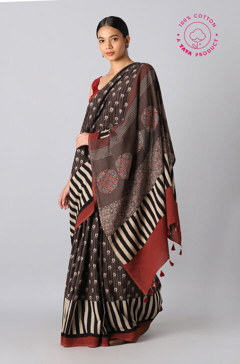 Brown Pure Cotton Ajrakh Printed Saree