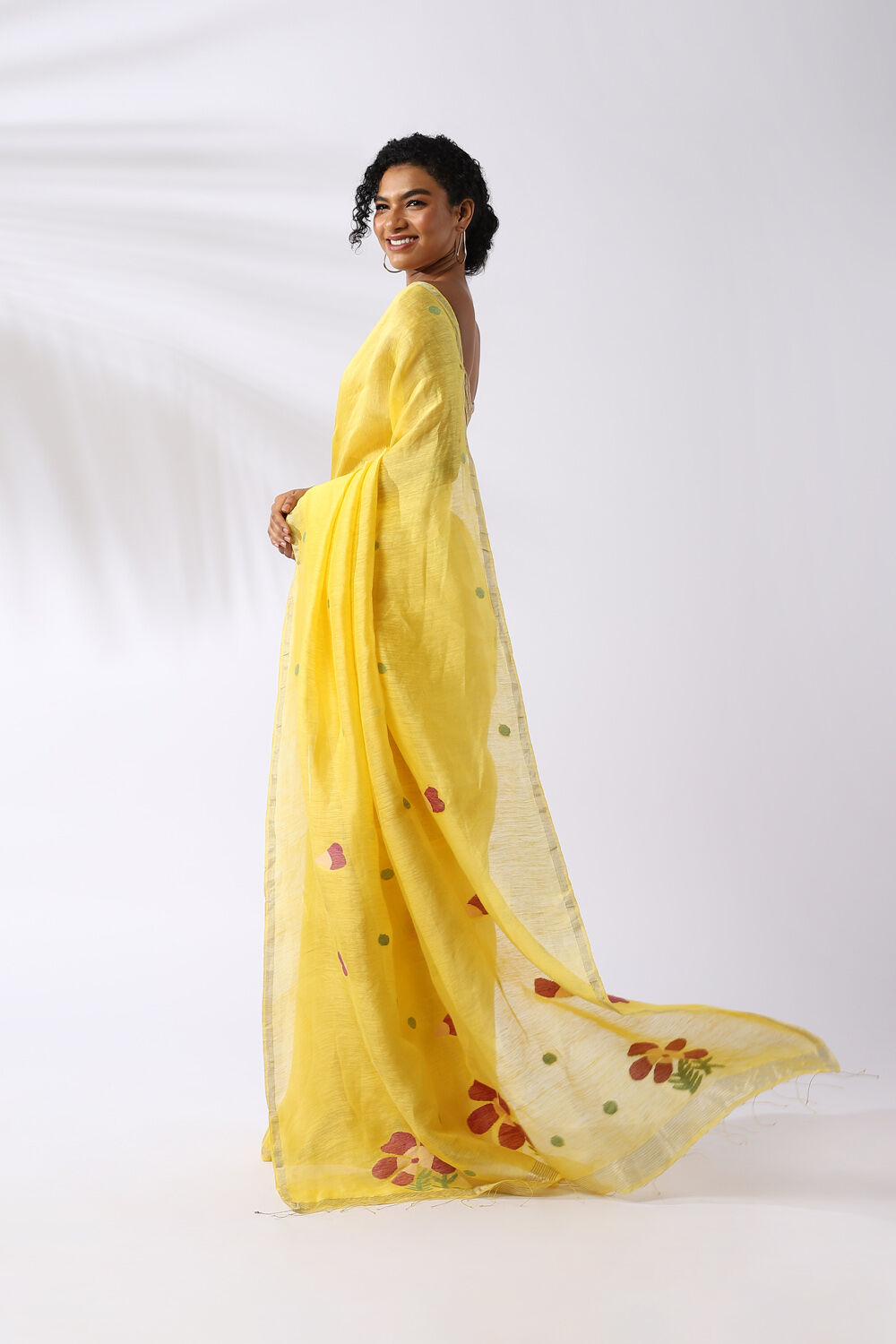 Yellow Pure Silk Linen Jamdani Saree image number null