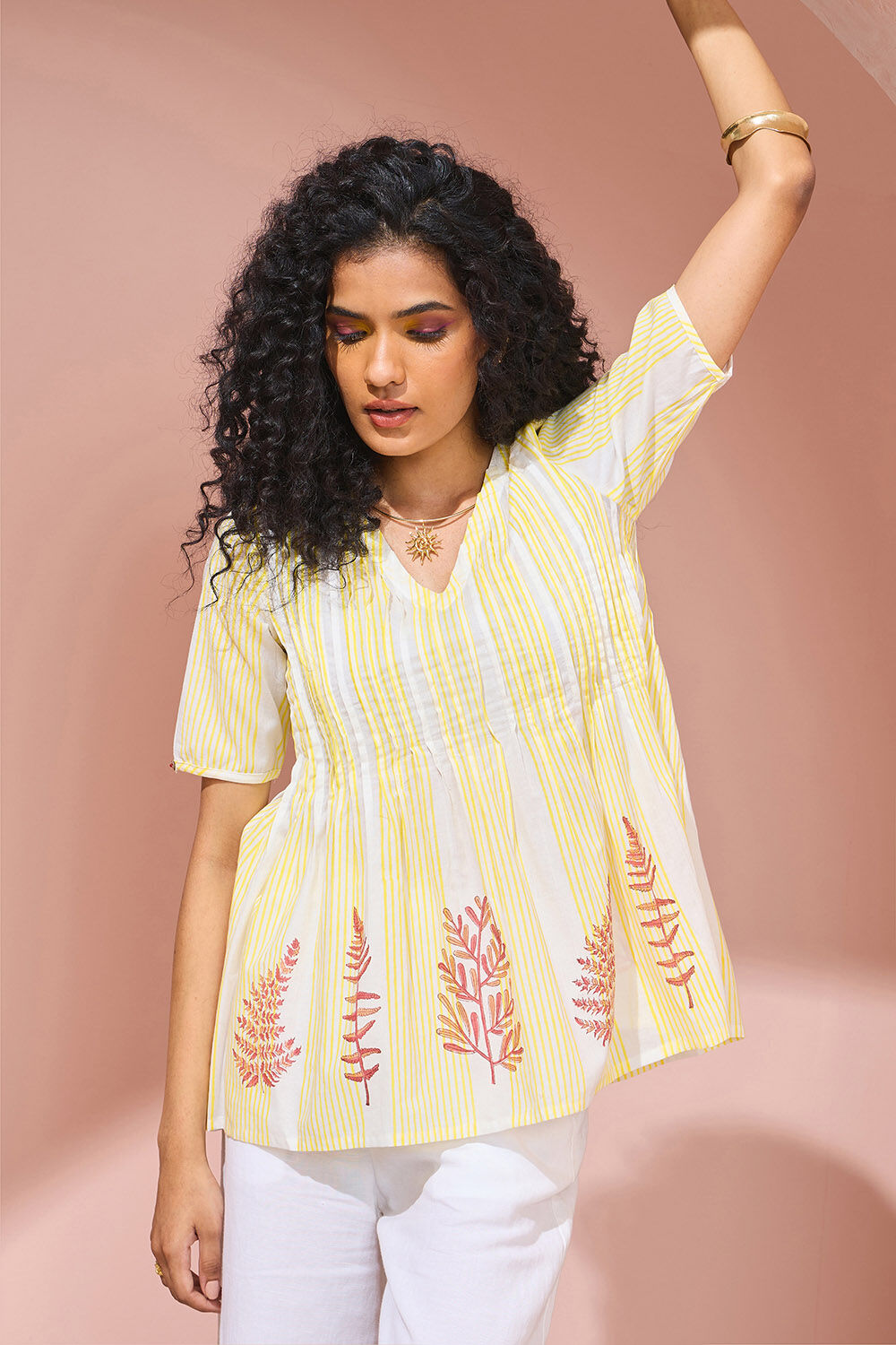 Light Yellow Block Printed Pure Cotton Short Top image number null