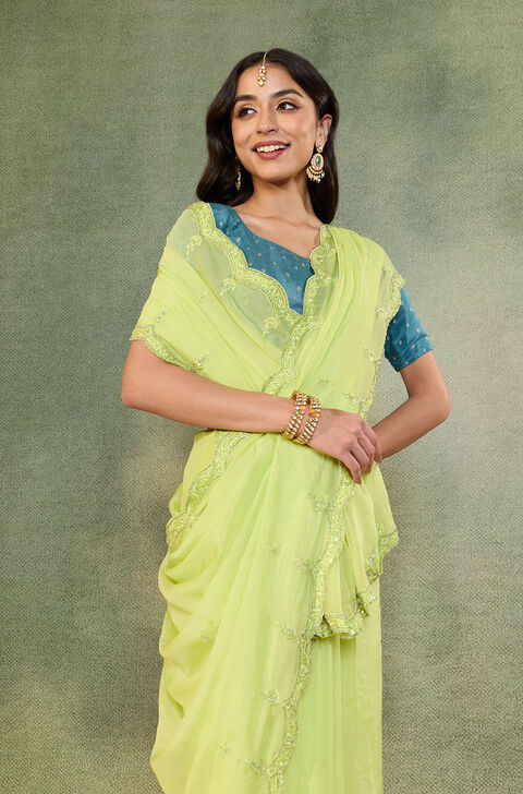 Light Green Viscose Organza Embroidered Saree