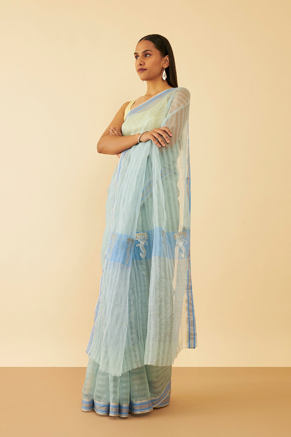 Blue Woven Pure Silk Tissue Chanderi Saree image number null