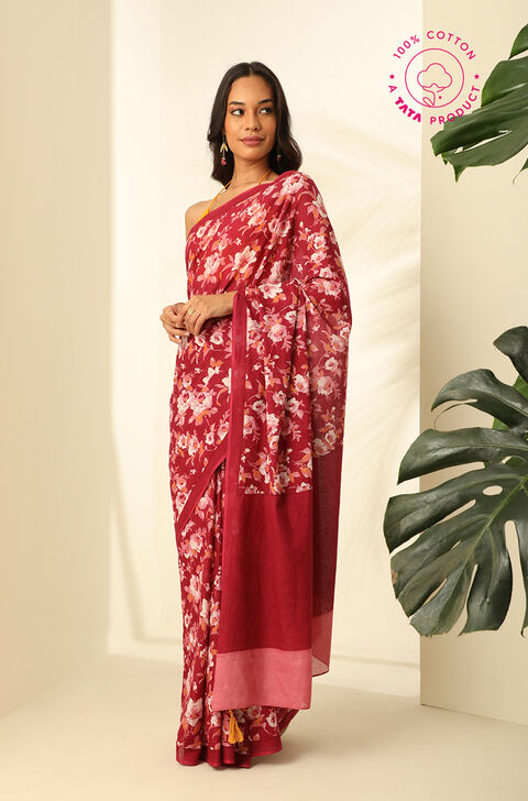 Dark Pink Pure Cotton Mulmul Printed Saree