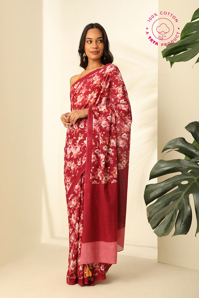 Dark Pink Pure Cotton Mulmul Printed Bengali Saree