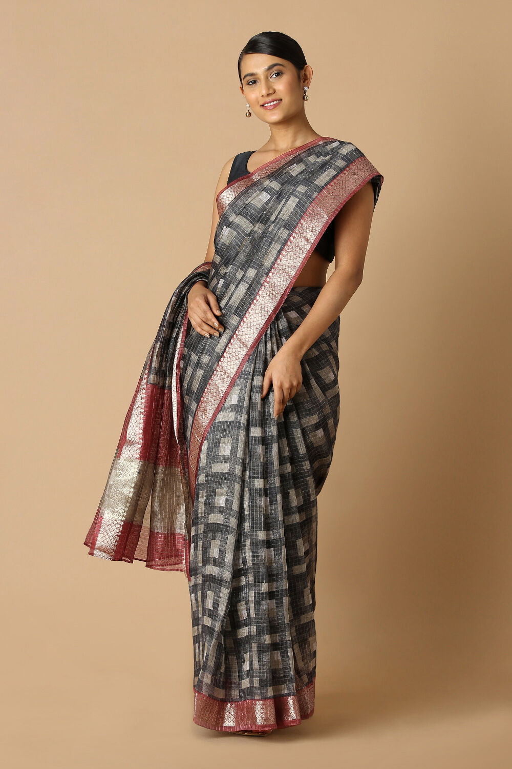 Grey Pure Silk Linen Digital Printed Saree image number null