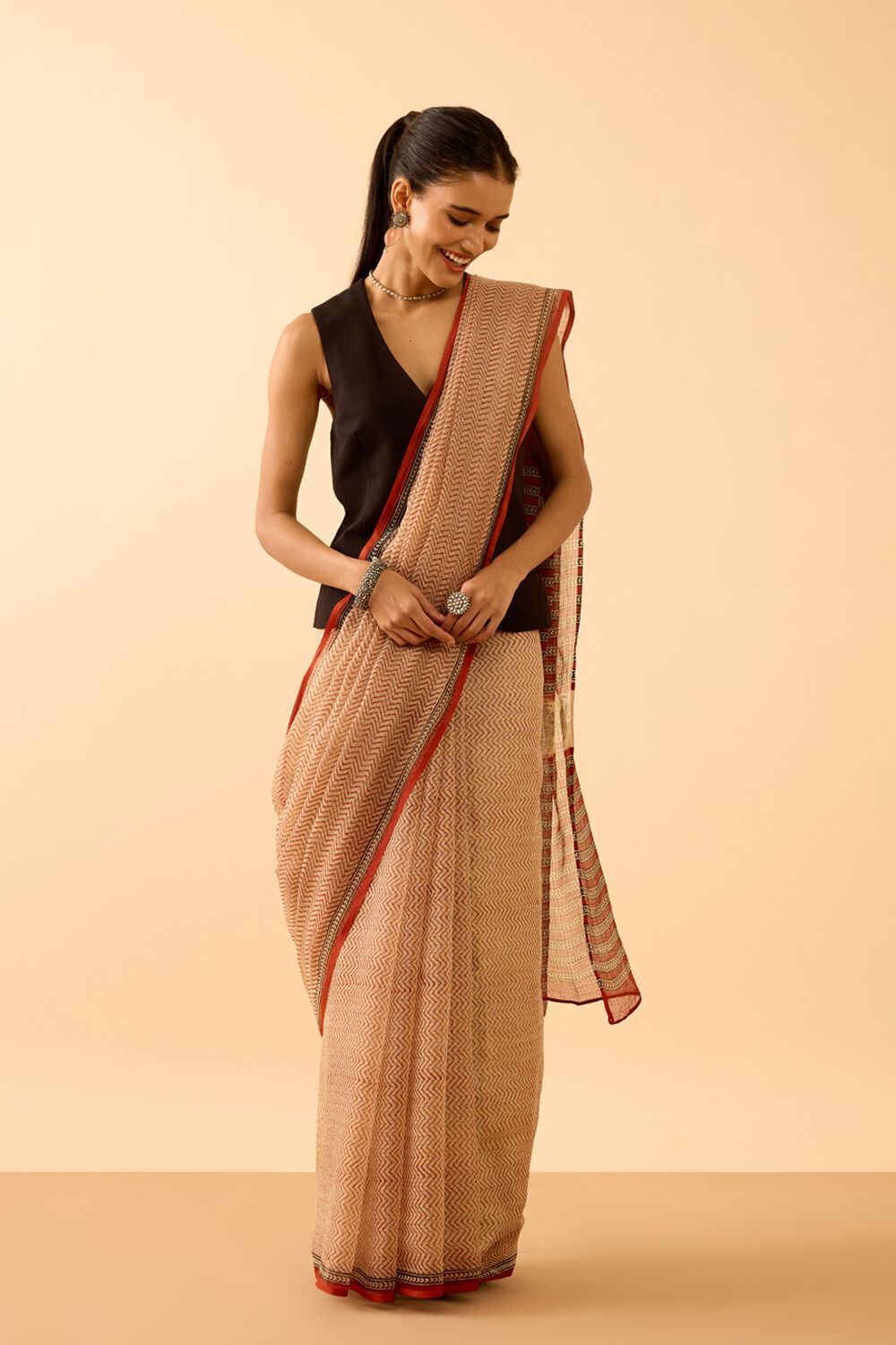 Beige Bagru Block Printed Pure Cotton Kota Saree image number null