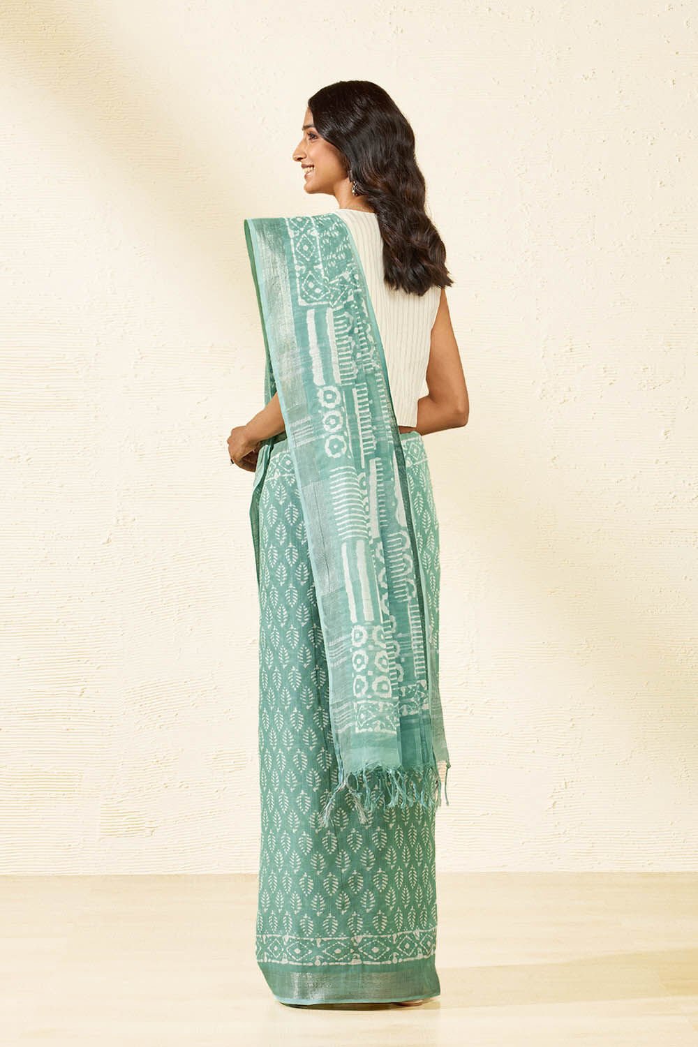 Green Block Printed Cotton Viscose Saree image number null