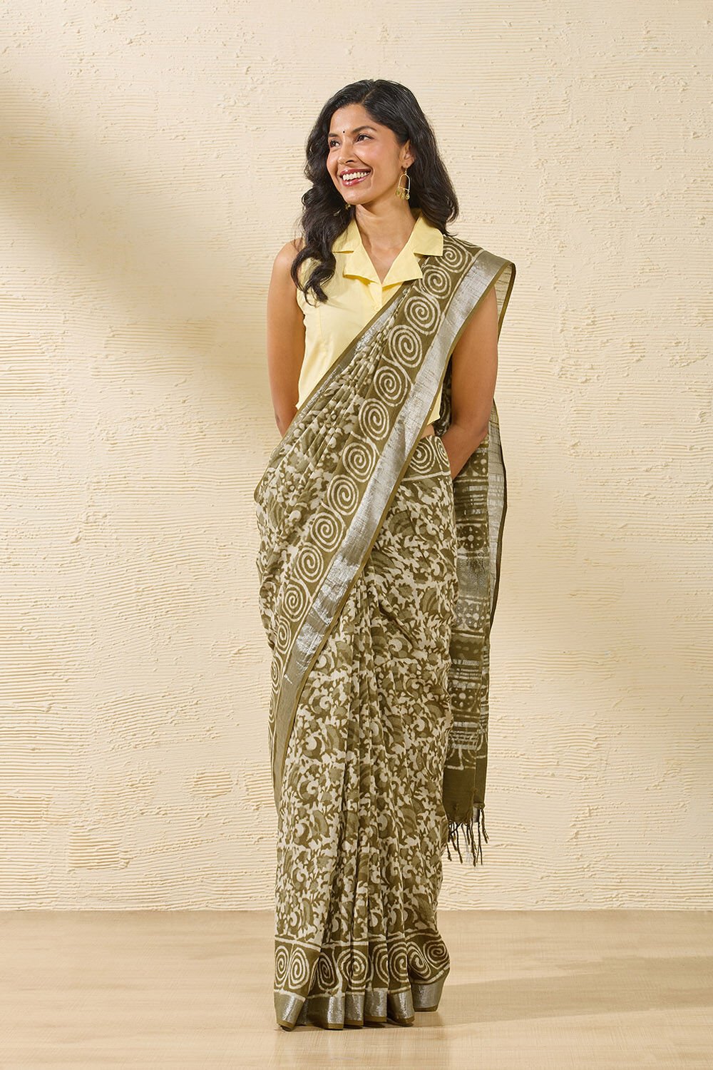 Light Green Rajasthan Block Printed Cotton Viscose Saree image number null