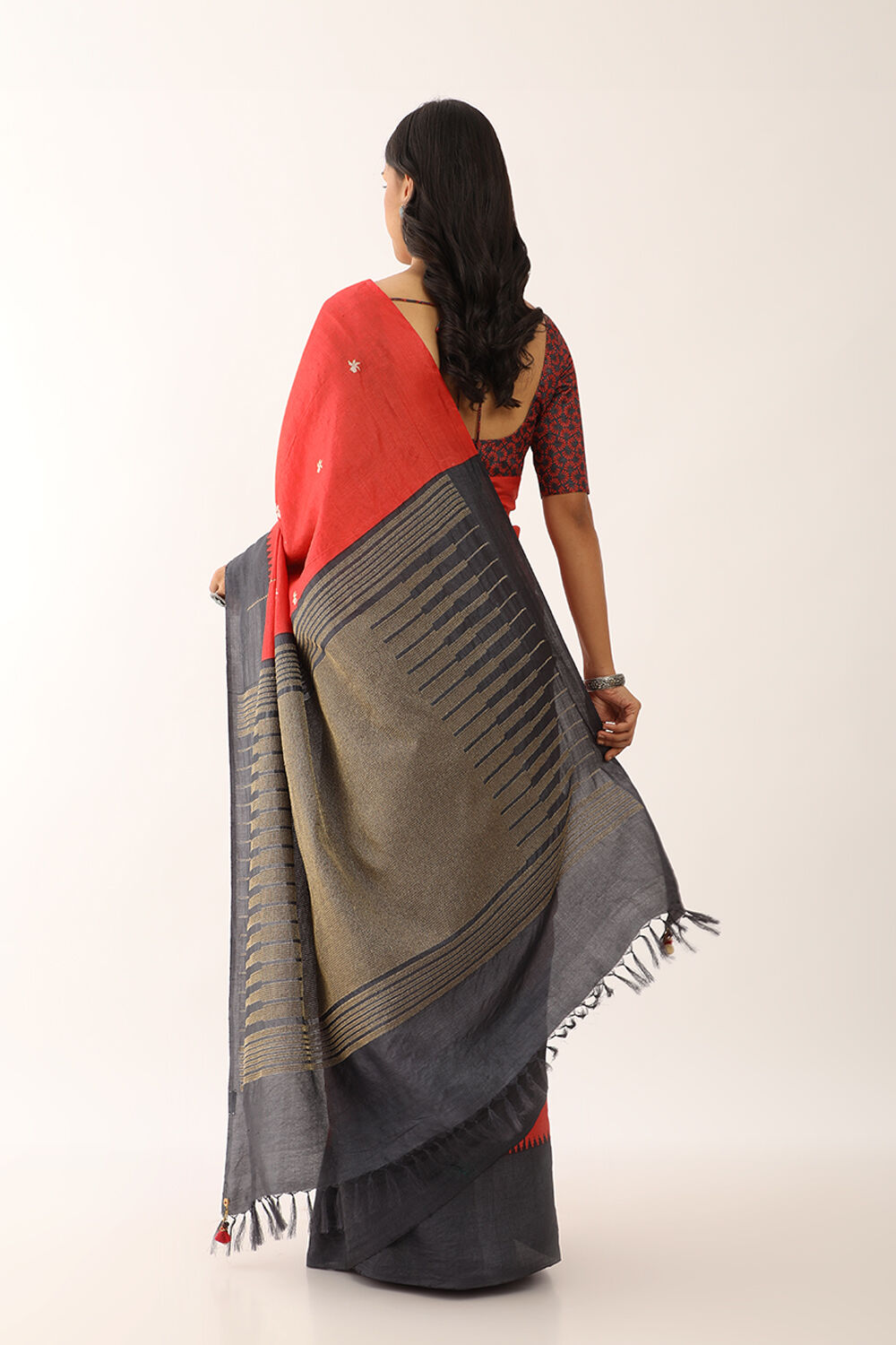 Red Block Printed Pure Tussar Silk Saree image number null