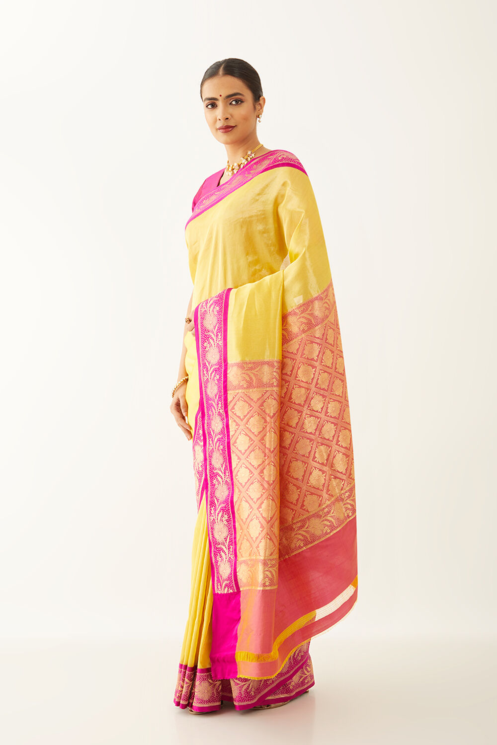 Yellow Pure Silk Tissue Banarasi Kadwa Saree image number null
