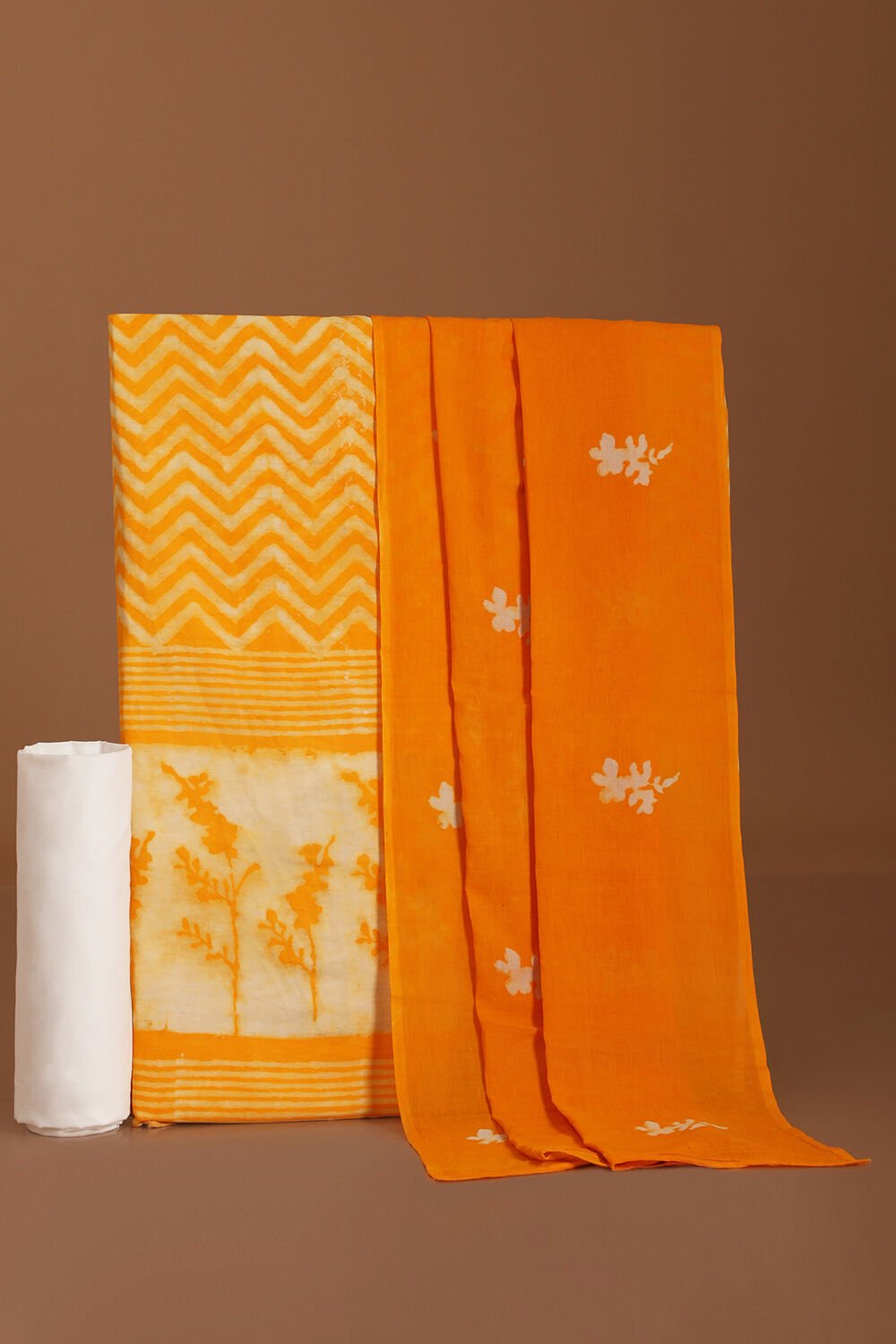 Yellow Pure Cotton Linen Dabu Block Printed Unstitched Suit Set image number null