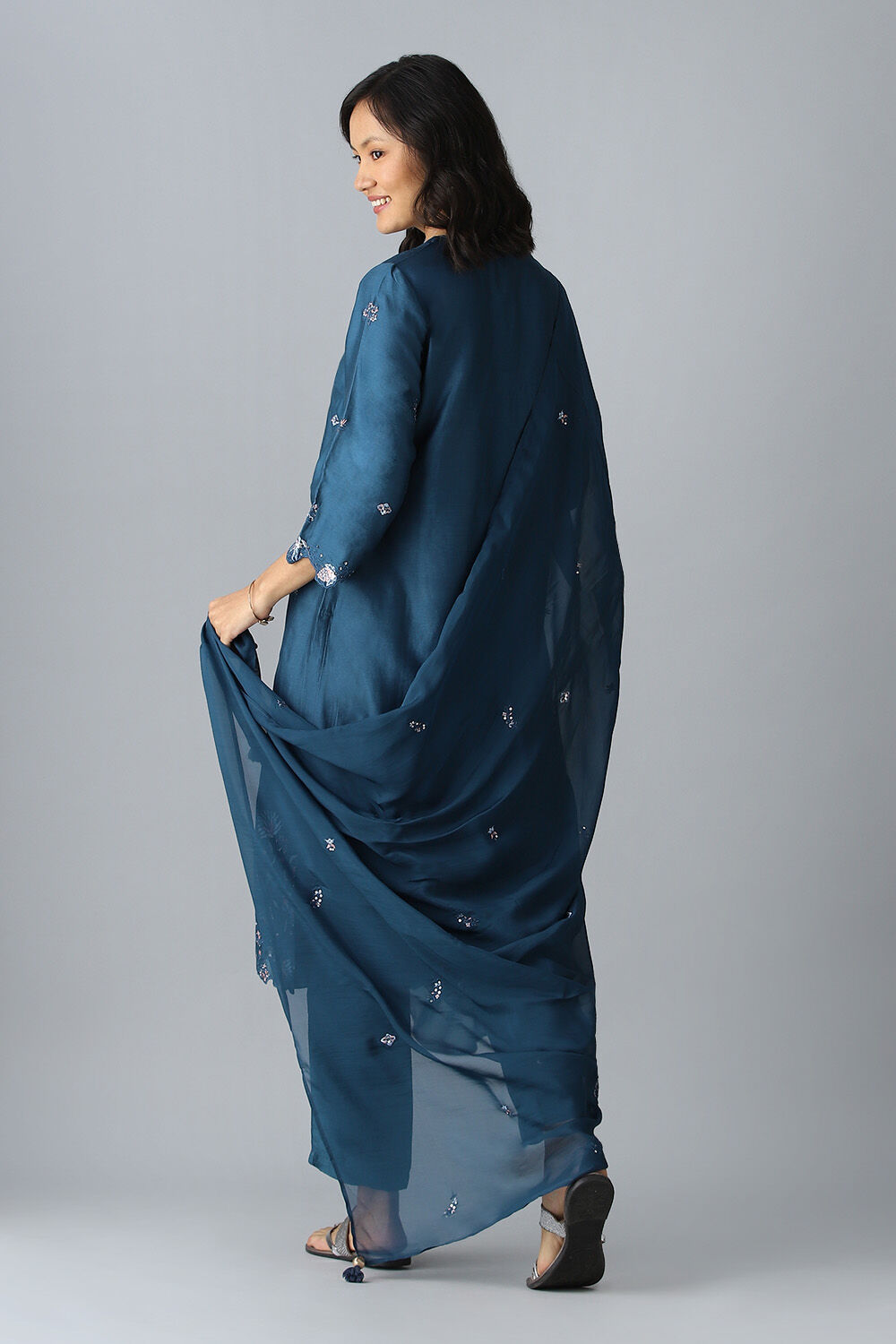 Dark Blue Embroidered Silk Cotton Kurta Set image number null
