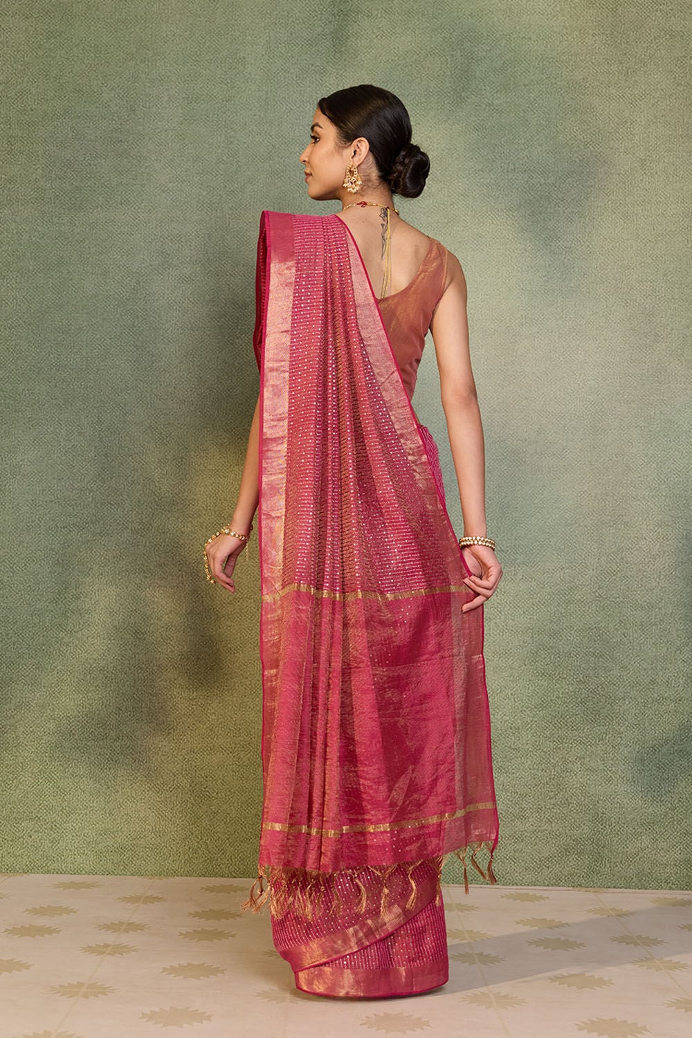Dark Pink Tissue Lyocell Linen Embroidered Saree image number null