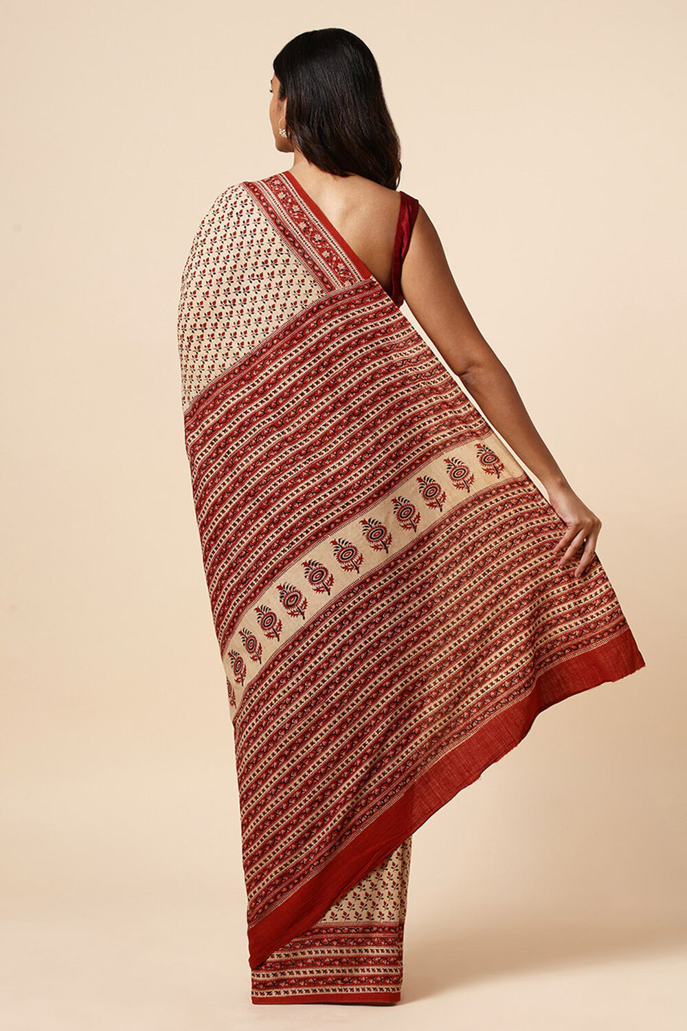 Beige Pure Khadi Cotton Bagru Printed Saree image number null