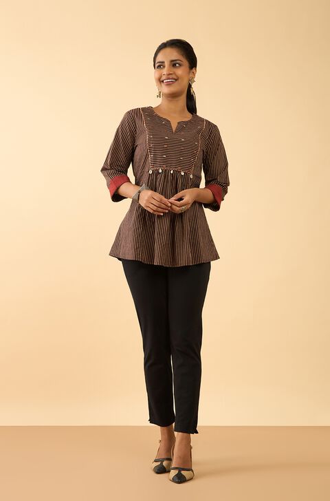 Black Block Printed Pure Cotton Short Top