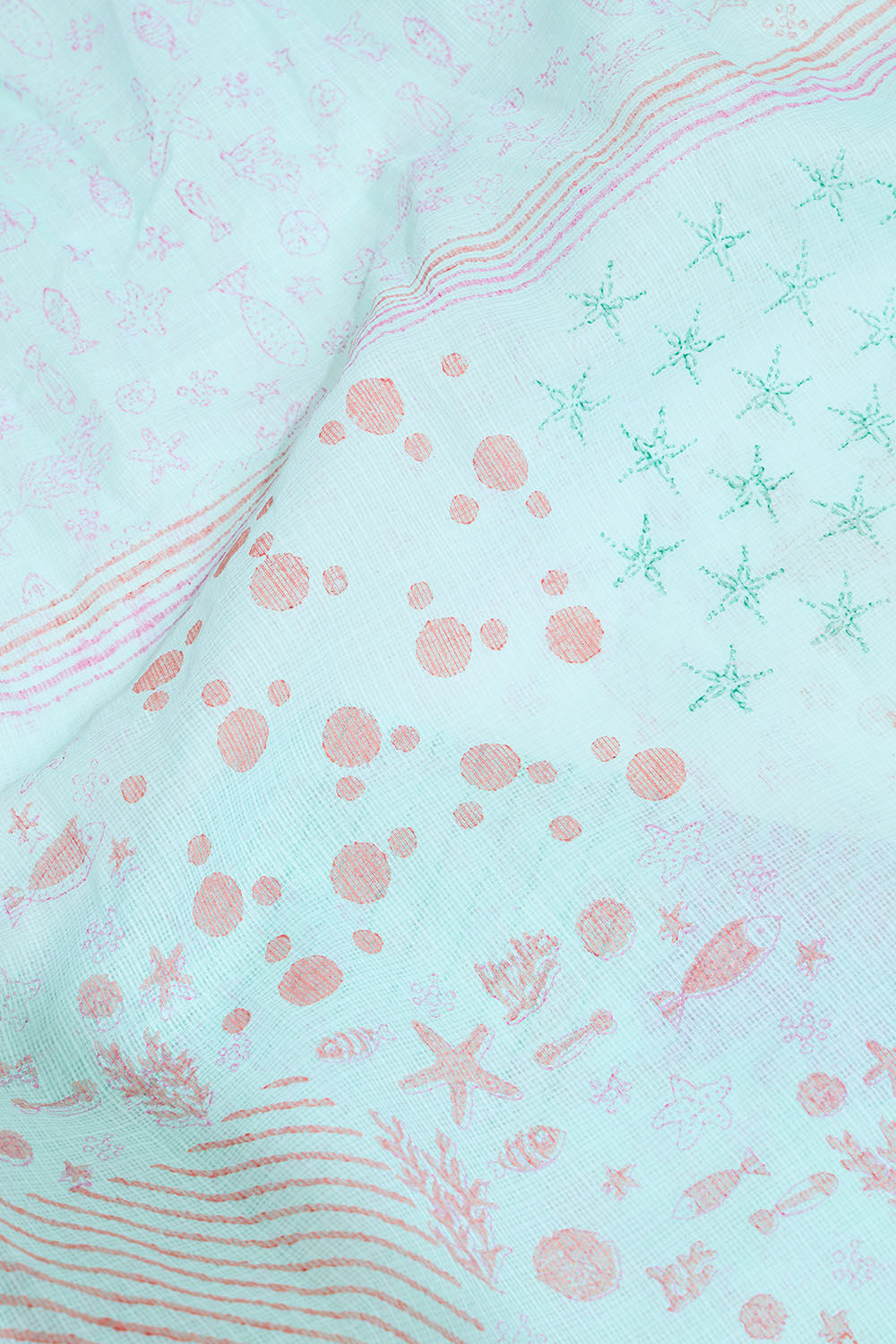 Light Blue Bengal Block Printed Pure Cotton Kota Saree image number null
