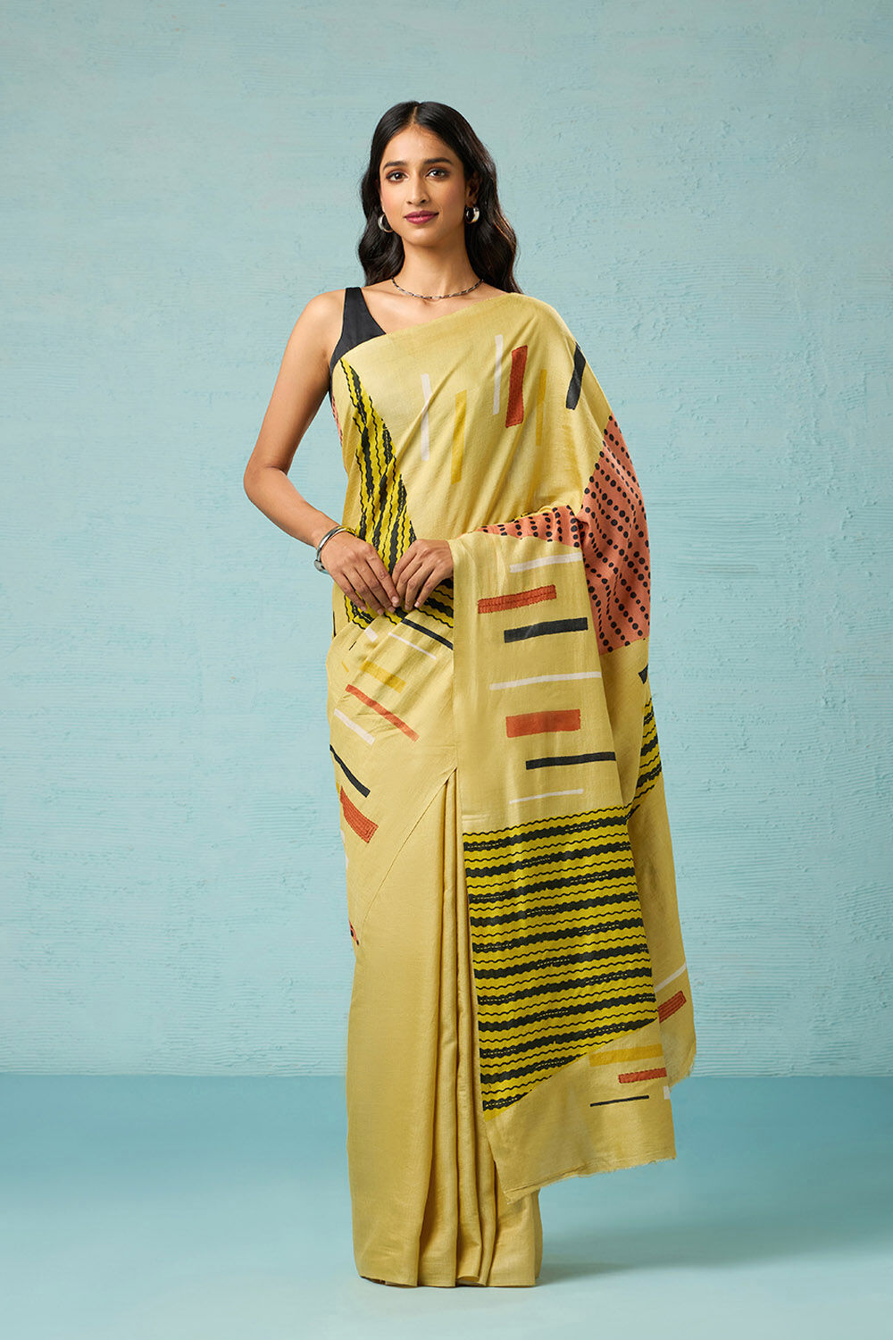 Yellow Chattisgarh Block Printed Pure Tussar Silk Saree image number null
