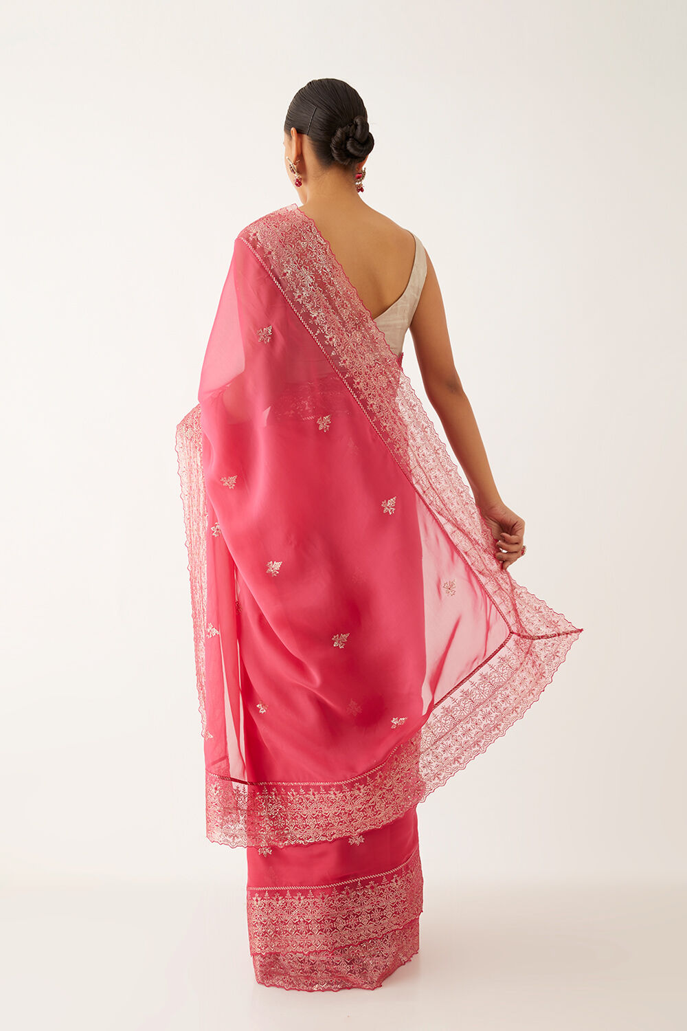 Dark Pink Viscose Organza Embroidered Saree image number null