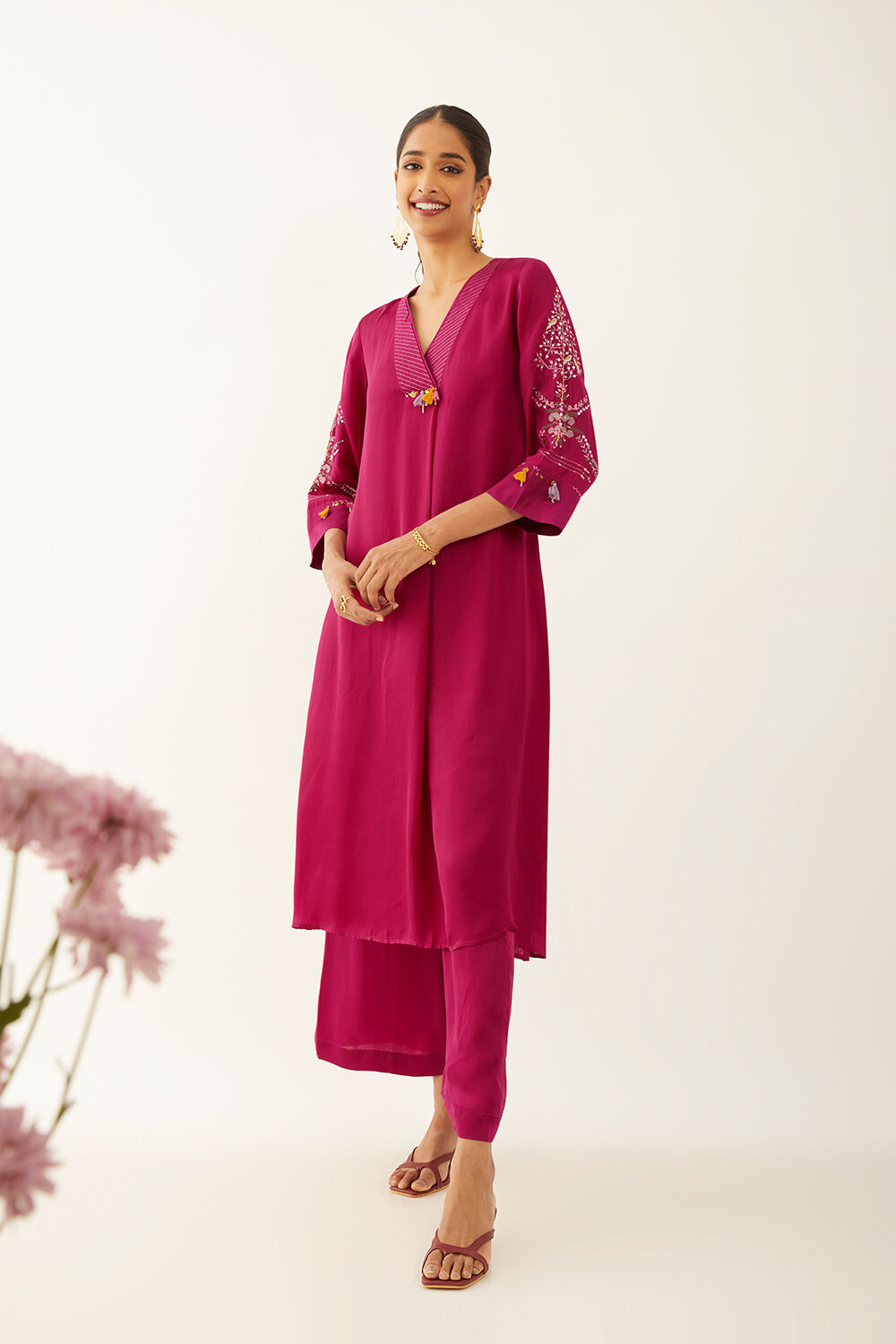 Red Viscose Embroidered Kurta Set image number null