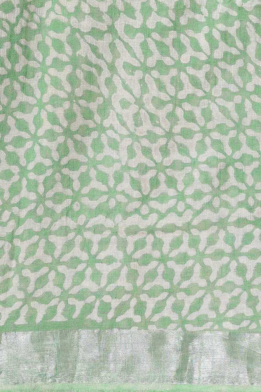 Light Green Pure Cotton Linen Bagru Printed Saree image number null