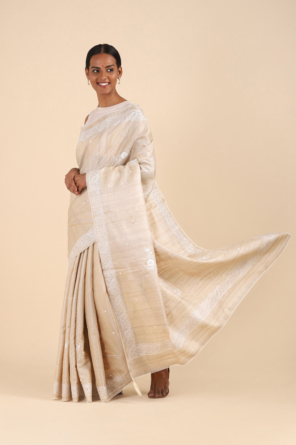Beige Pure Tussar Silk Embroidered Saree image number null