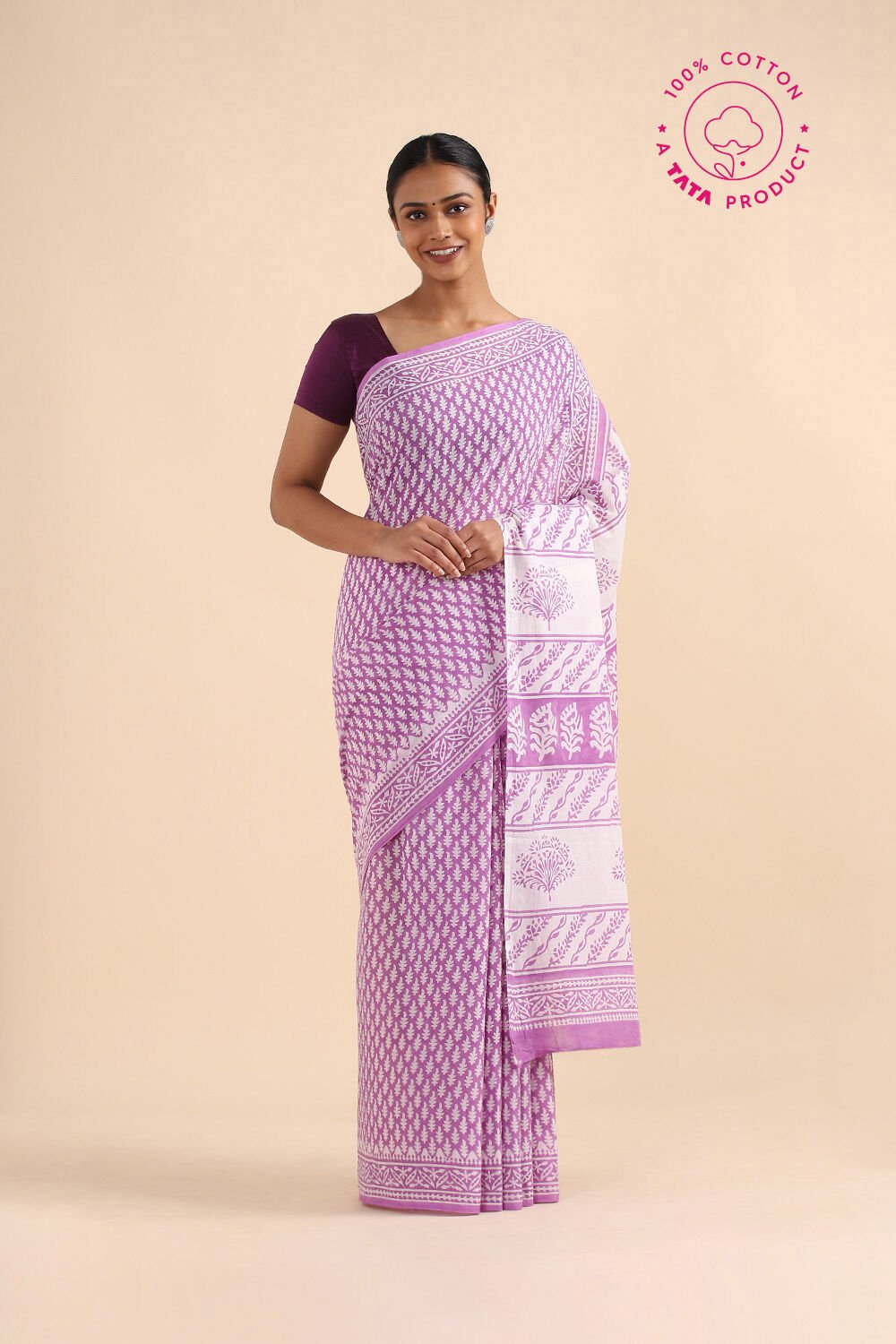 Purple Pure Cotton Sanganeri Printed Saree image number null