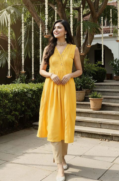 Yellow Embroidered Viscose Kurta