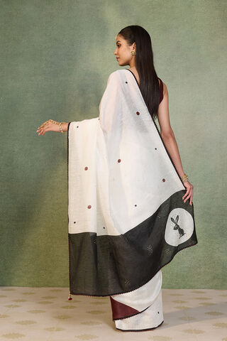 Off White Block Printed Pure Silk Linen Saree thumbnail image number null