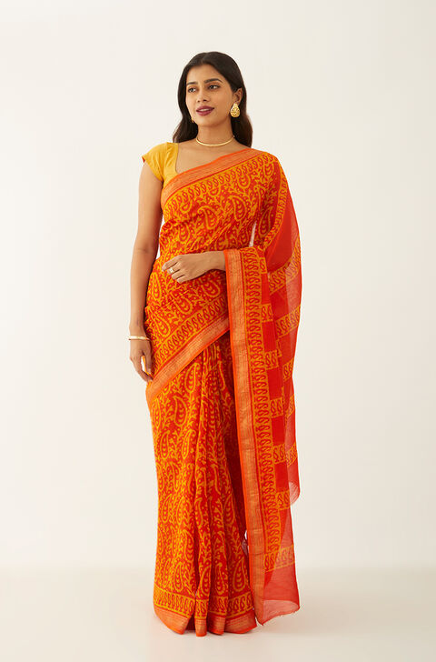 Orange Pure Silk Cotton Batik Saree